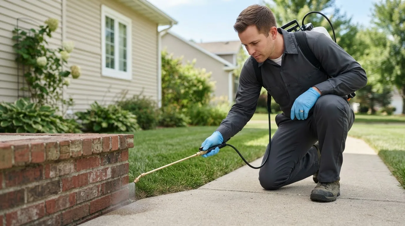 Pest control technician treating a home near Manns Harbor, NC